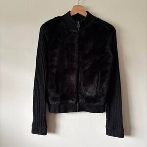 Mango Black Faux Fur Knit Sleeve Bomber Cardigan
